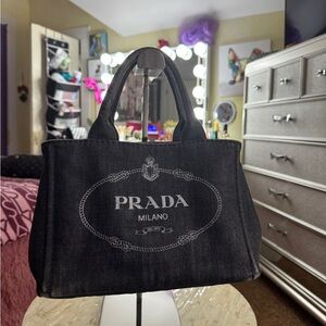 Prada Black Denim Canapa Tote Bag